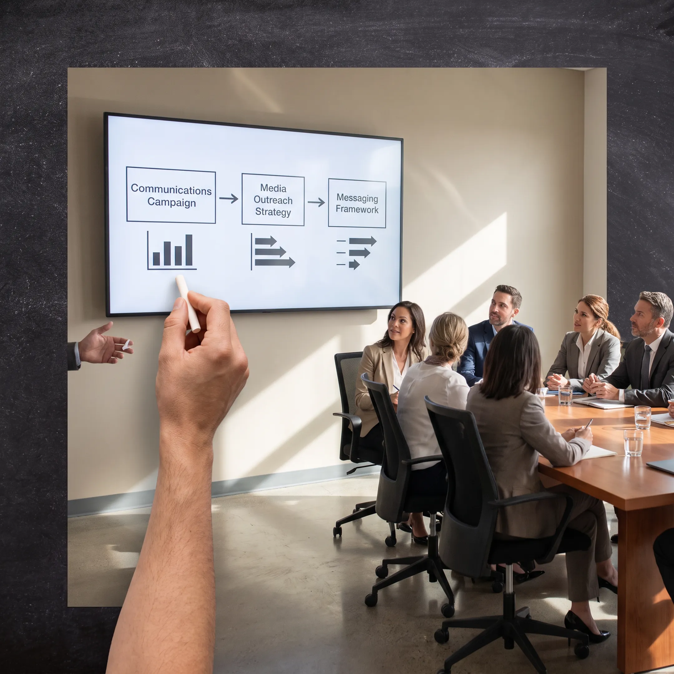PR strategist presenting communications plan to business client