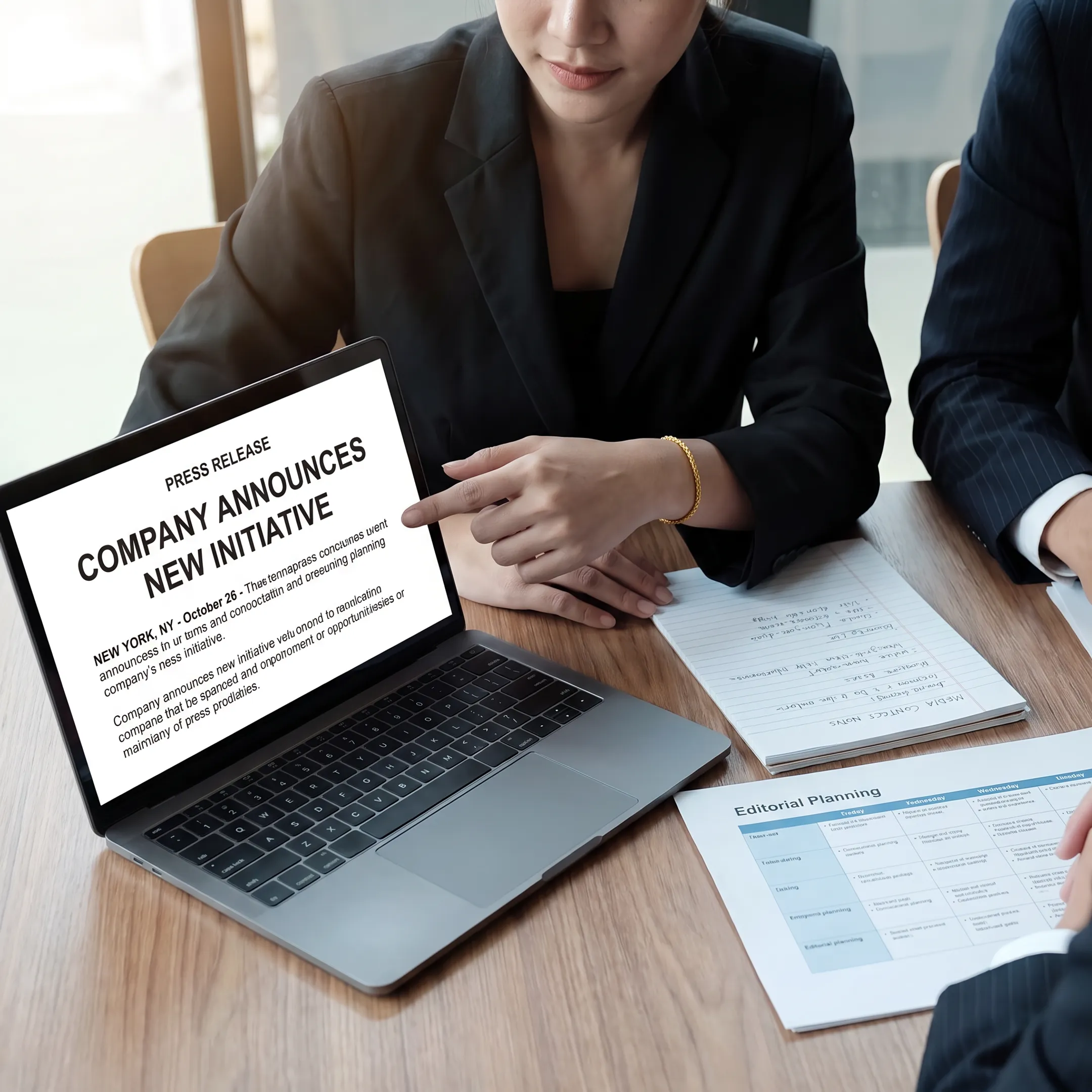 Communications professional reviewing a press release with media outreach materials