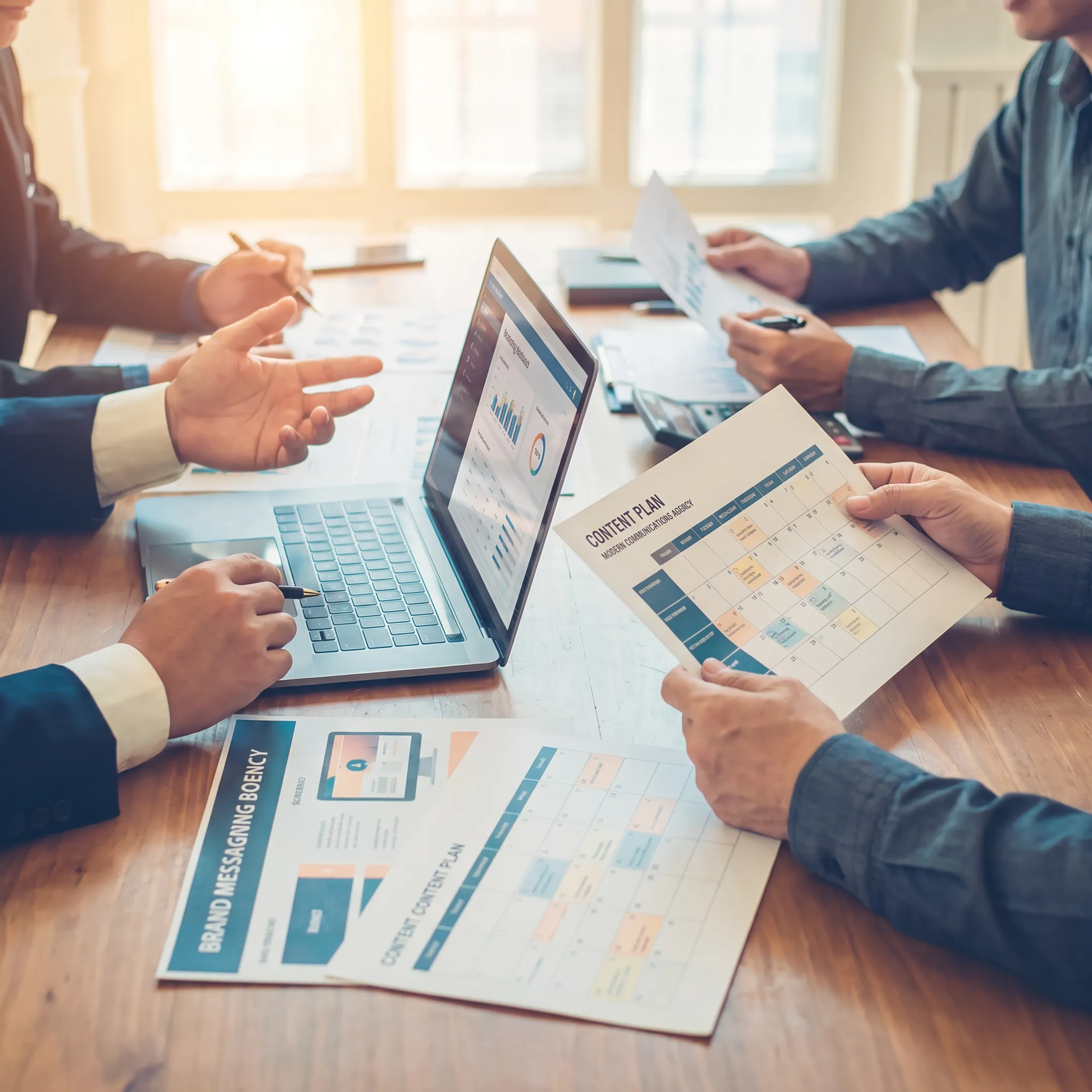 Brand strategists developing a compelling B2B storytelling campaign
