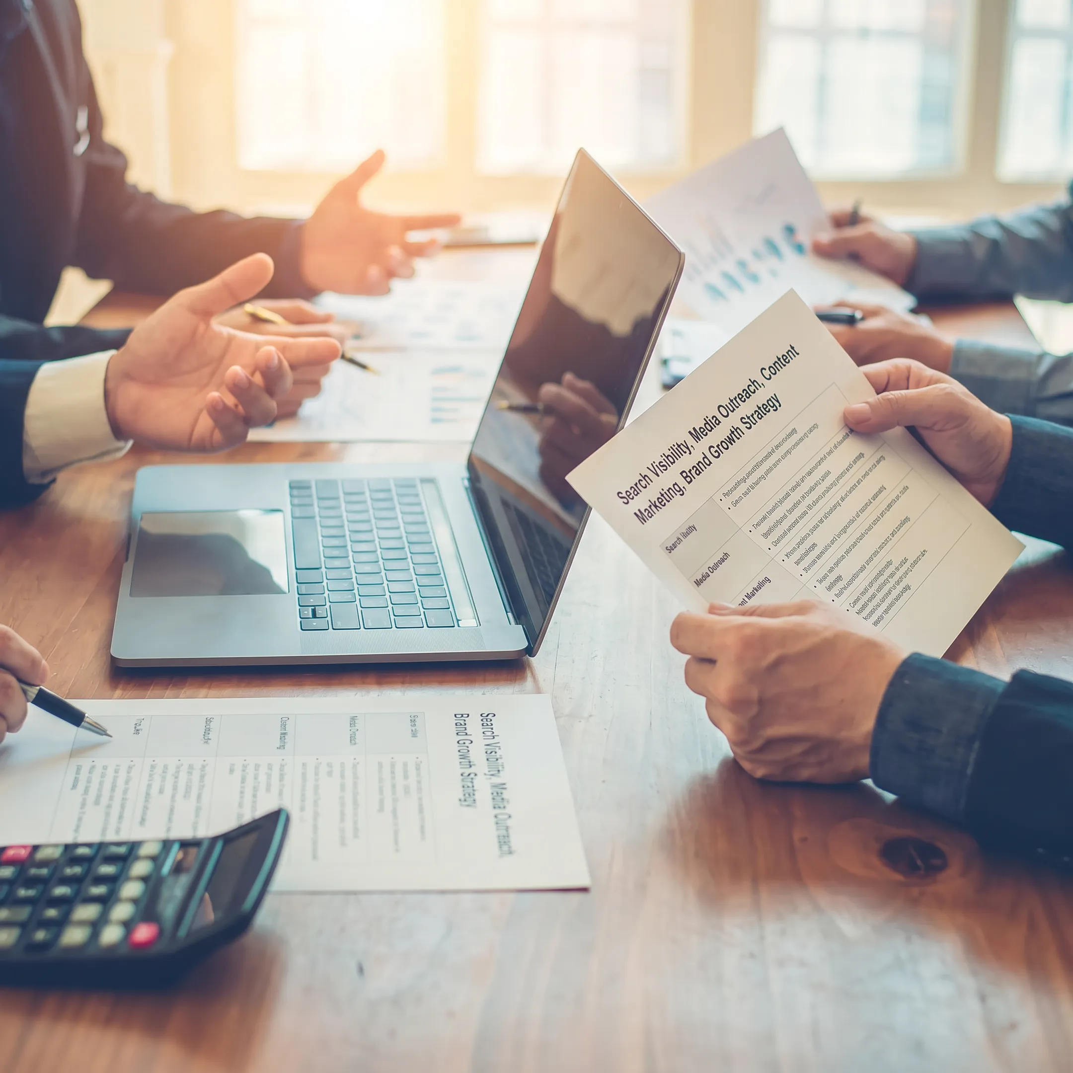 Strategists developing an integrated PR, SEO, and content campaign