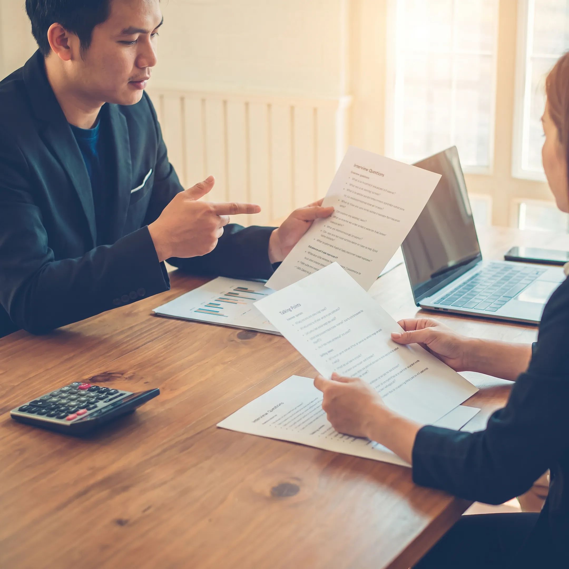 Public relations coach guiding executive through interview preparation