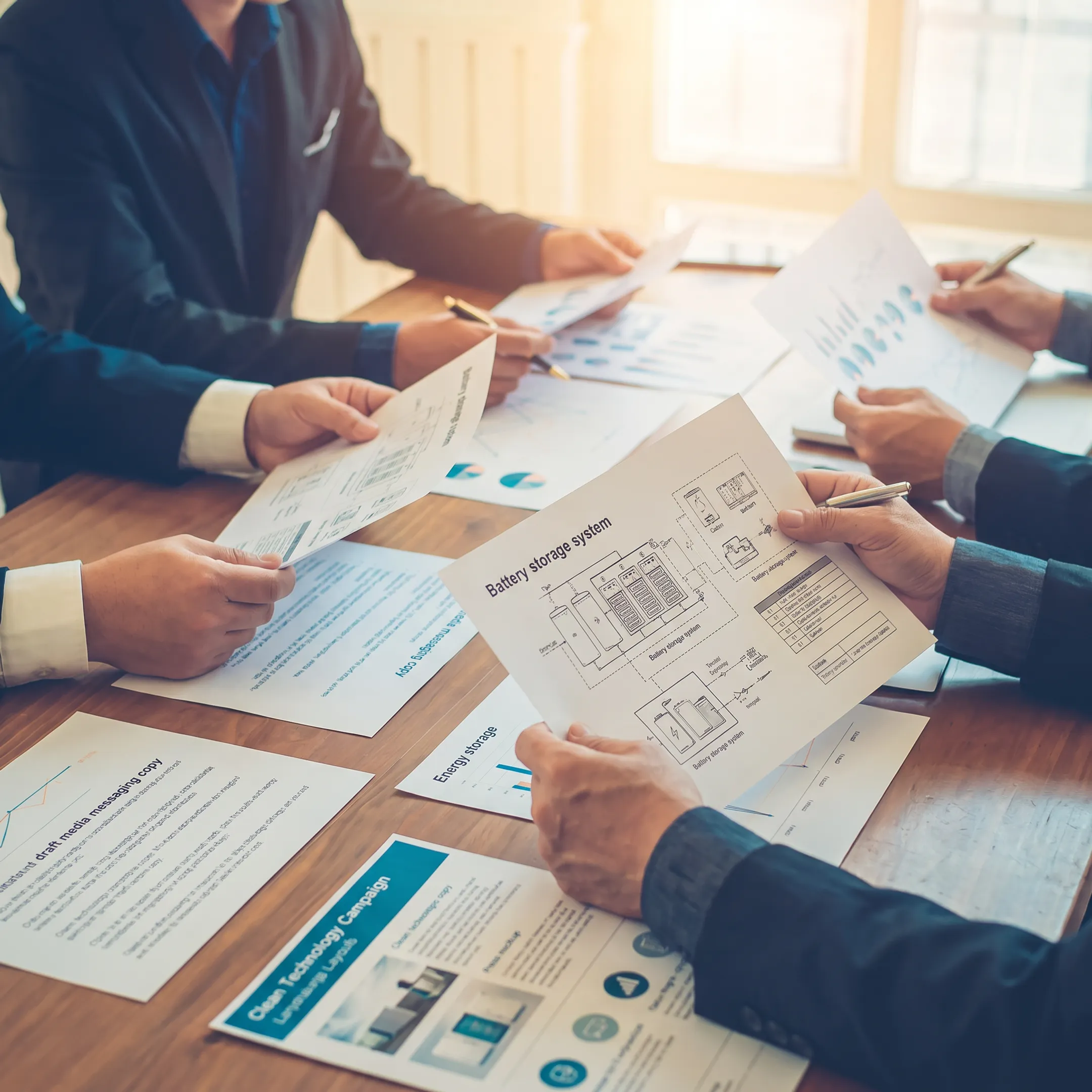 Battery storage executives discussing energy technology communications strategy