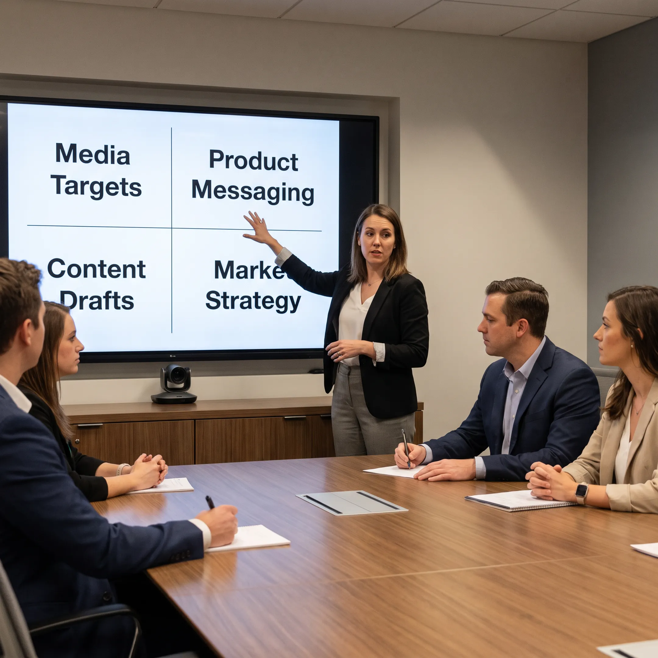 PR strategist presenting technology messaging plan to business team