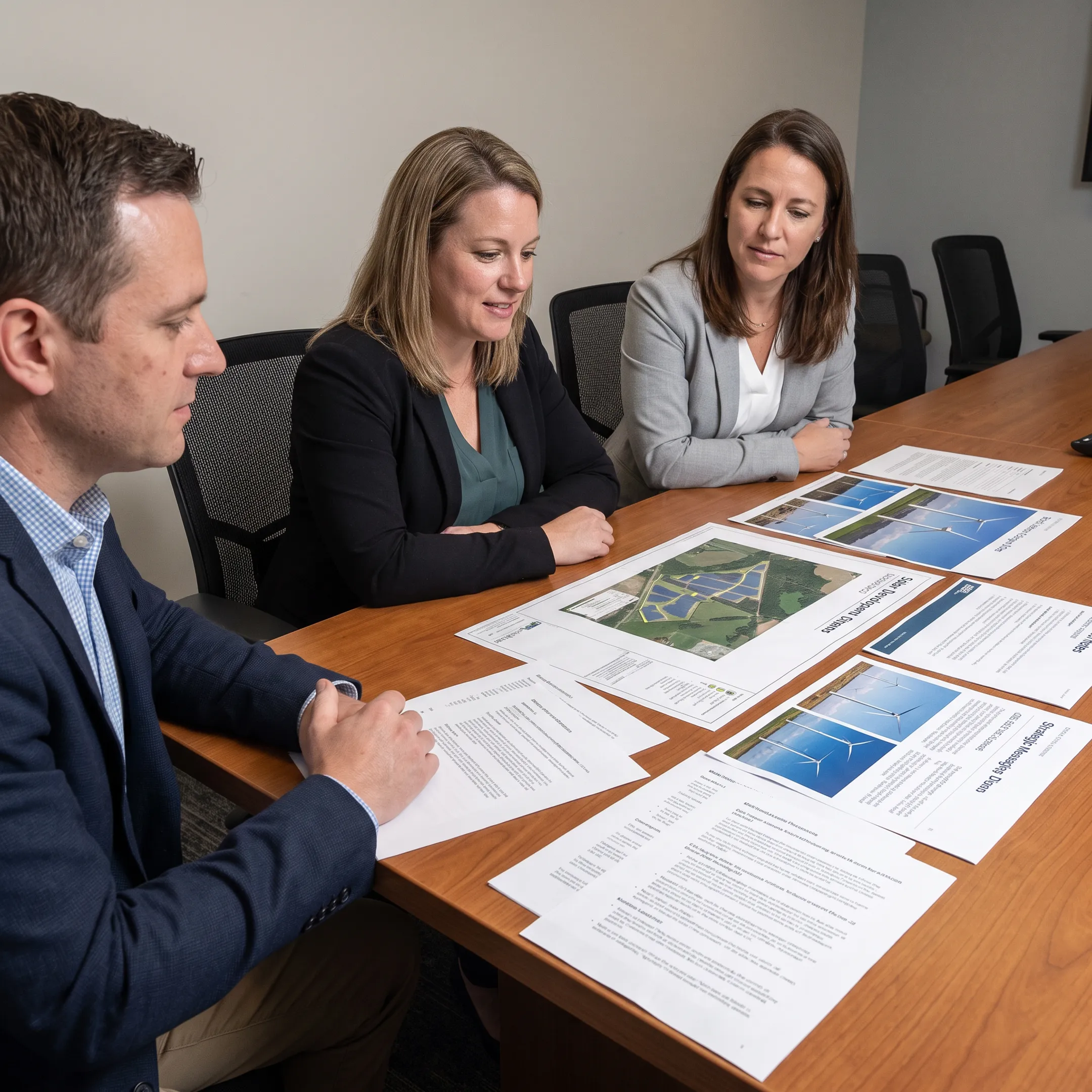 Renewable energy communications strategy featuring solar panels and wind turbines