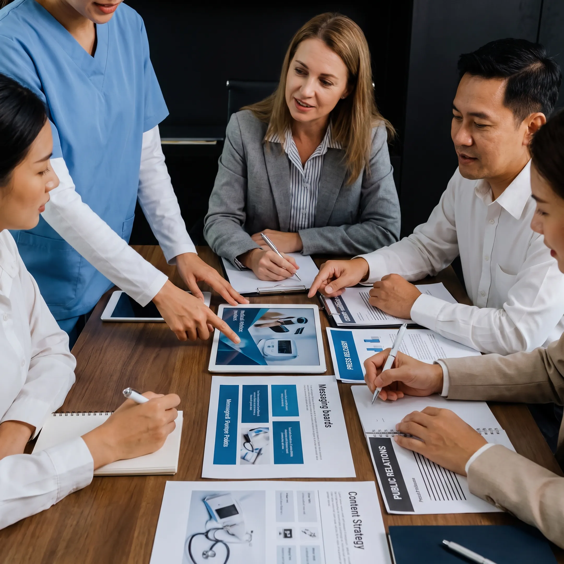 Medical device marketing strategy session with campaign materials