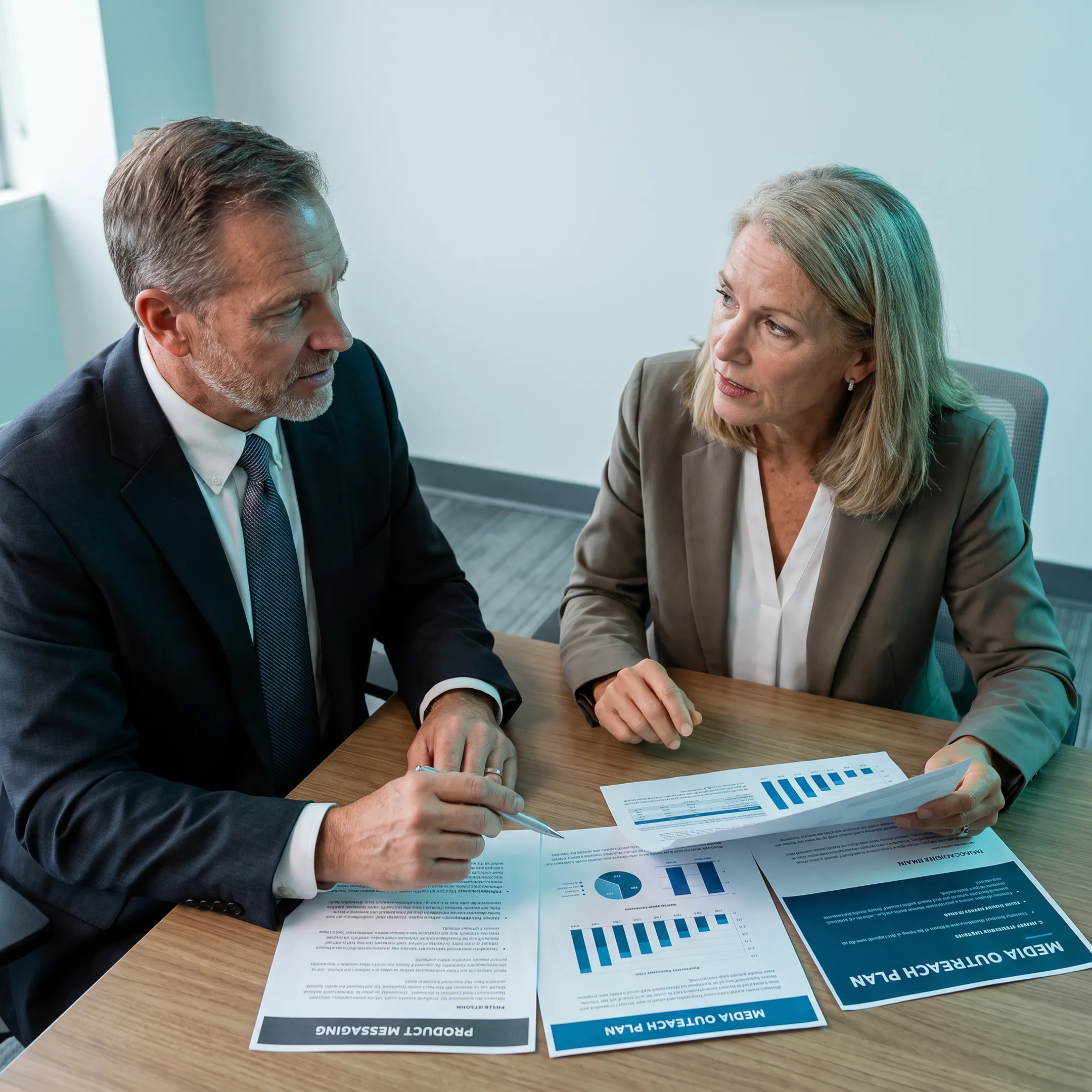Biotechnology executive discussing company messaging with a PR strategist