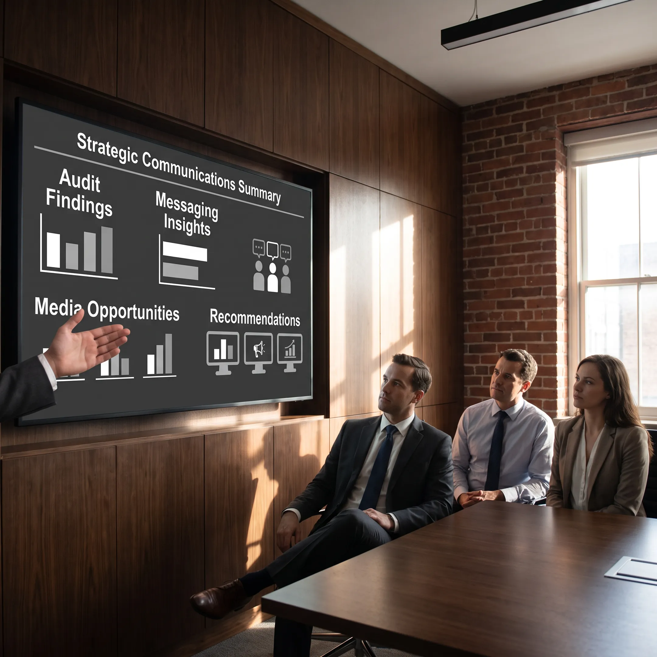 Communications strategist presenting PR audit findings to technology company executives