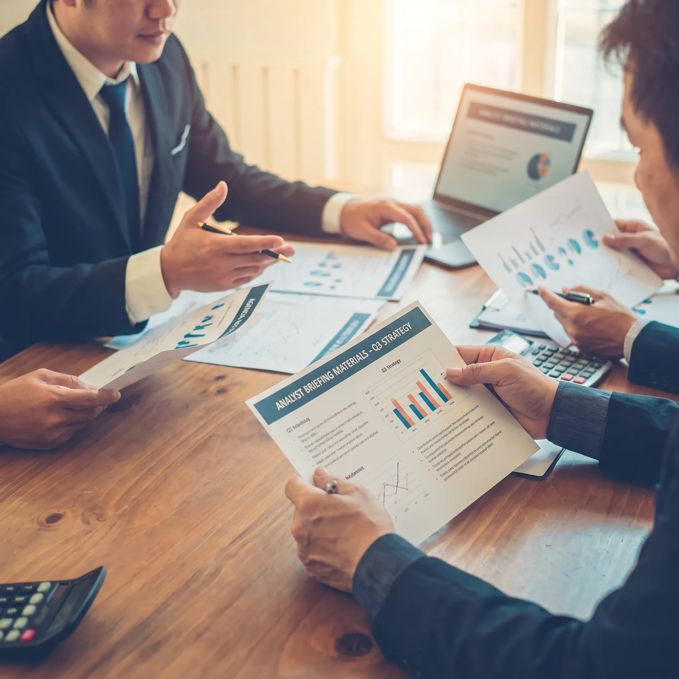 Consultants preparing executives for an industry analyst presentation