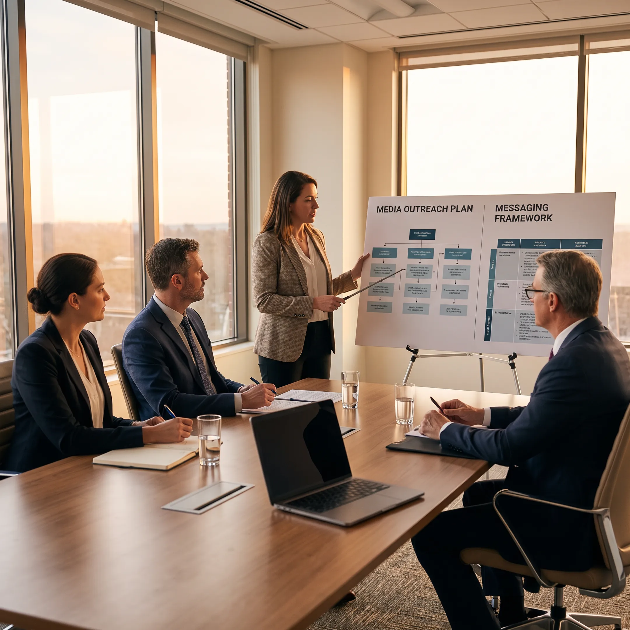 PR strategist presenting media outreach plans to business leaders