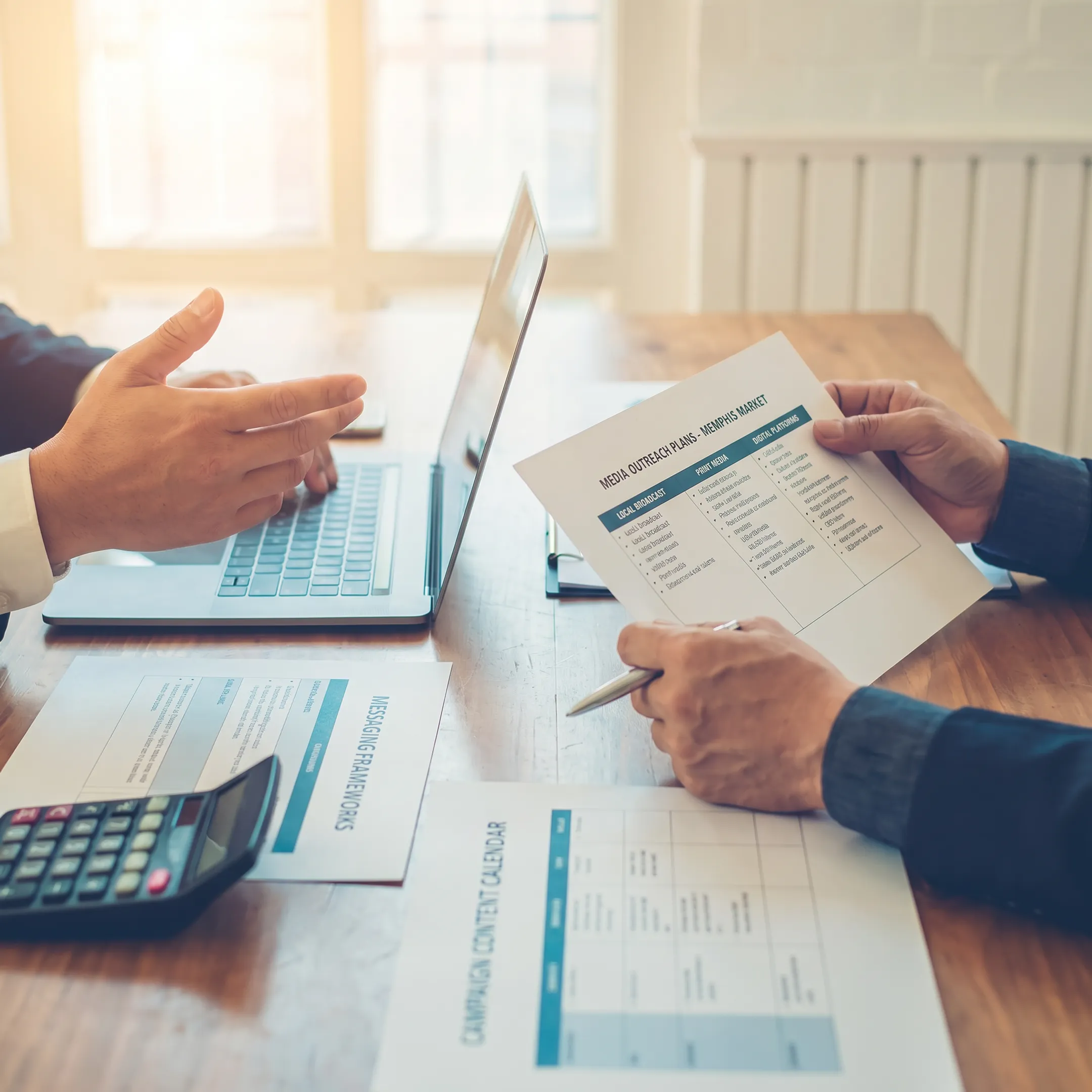 PR strategist reviewing media outreach and messaging plans with a business client