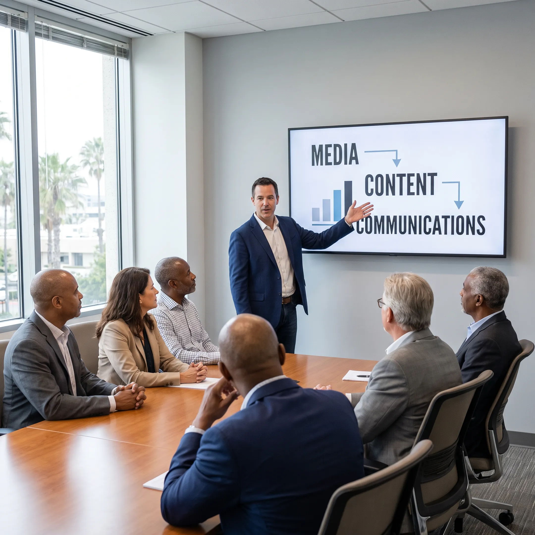 PR strategist presenting an integrated communications plan to business leaders