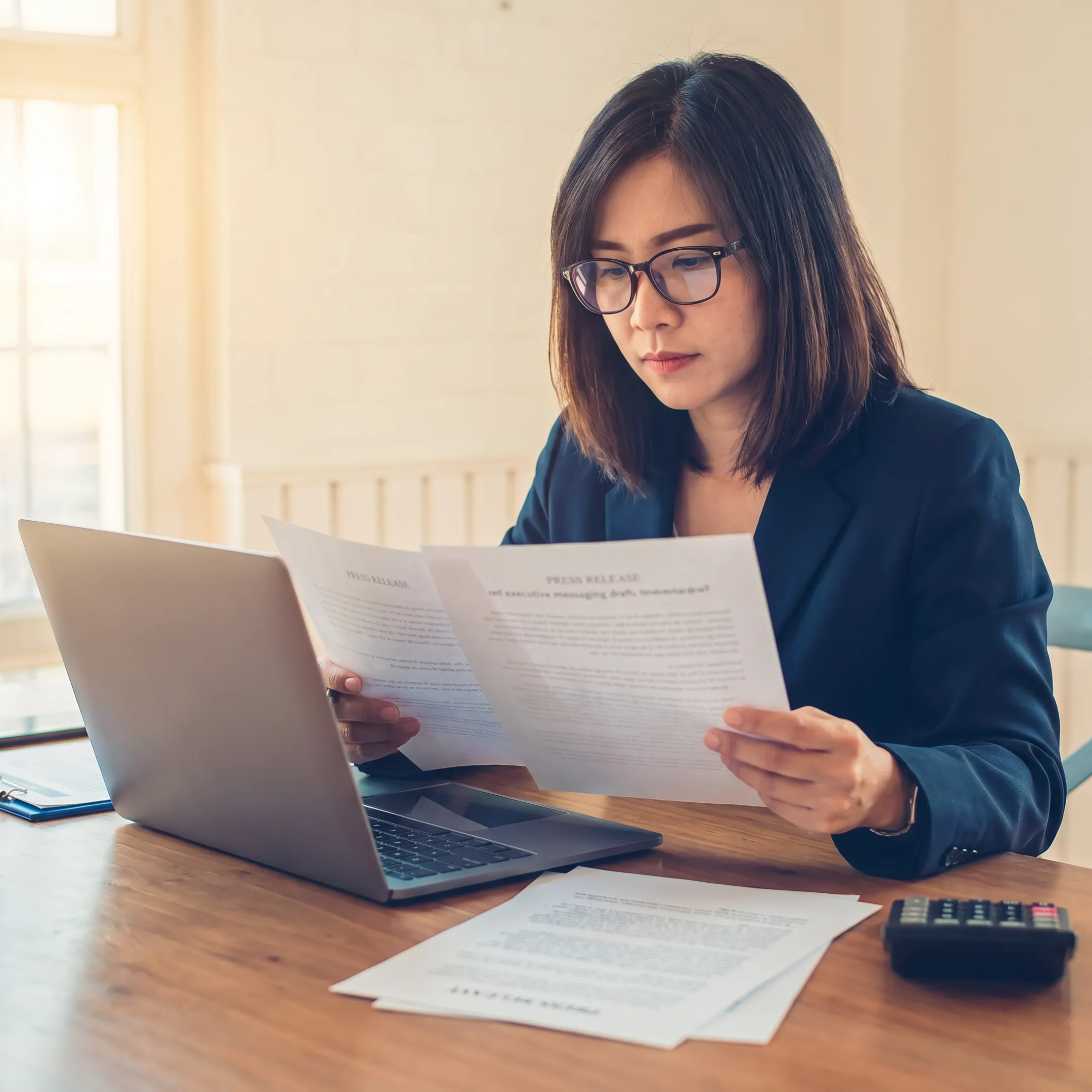 Communications strategist developing a public relations campaign with media and content materials