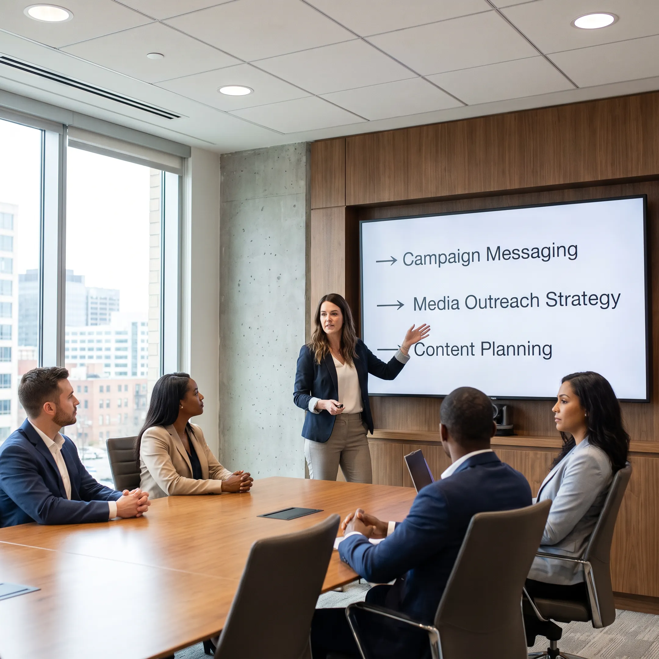 PR strategist presenting campaign messaging and media outreach plans
