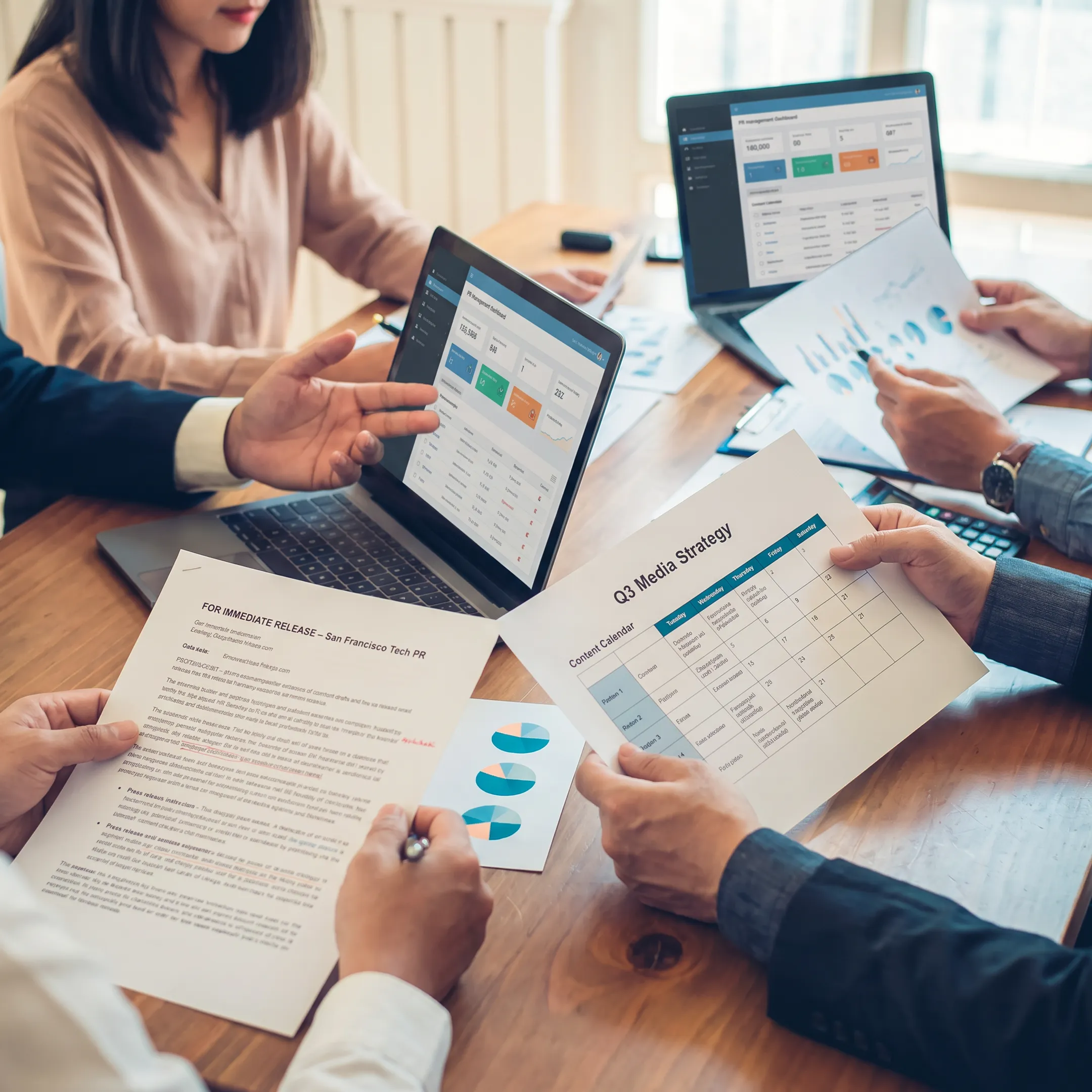 PR professionals planning an integrated communications campaign for a technology brand