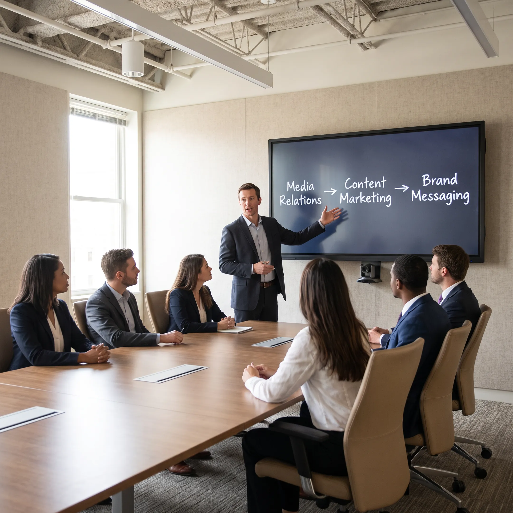 PR strategist presenting an integrated communications plan to business leaders