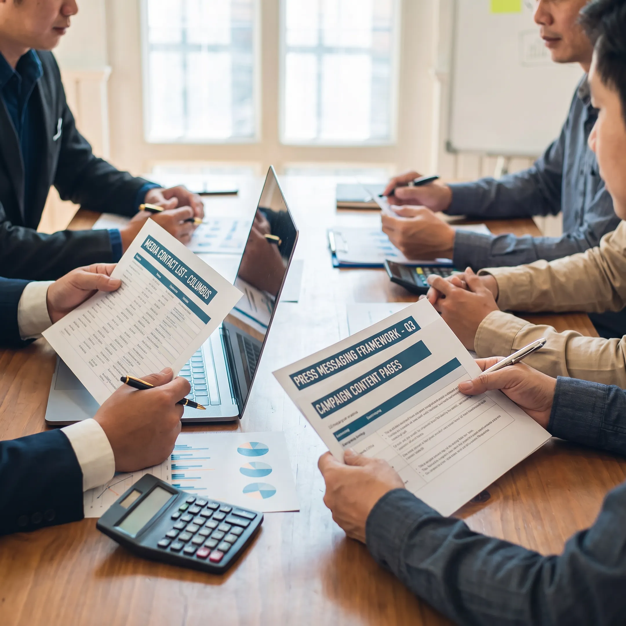 Strategists reviewing public relations campaign materials
