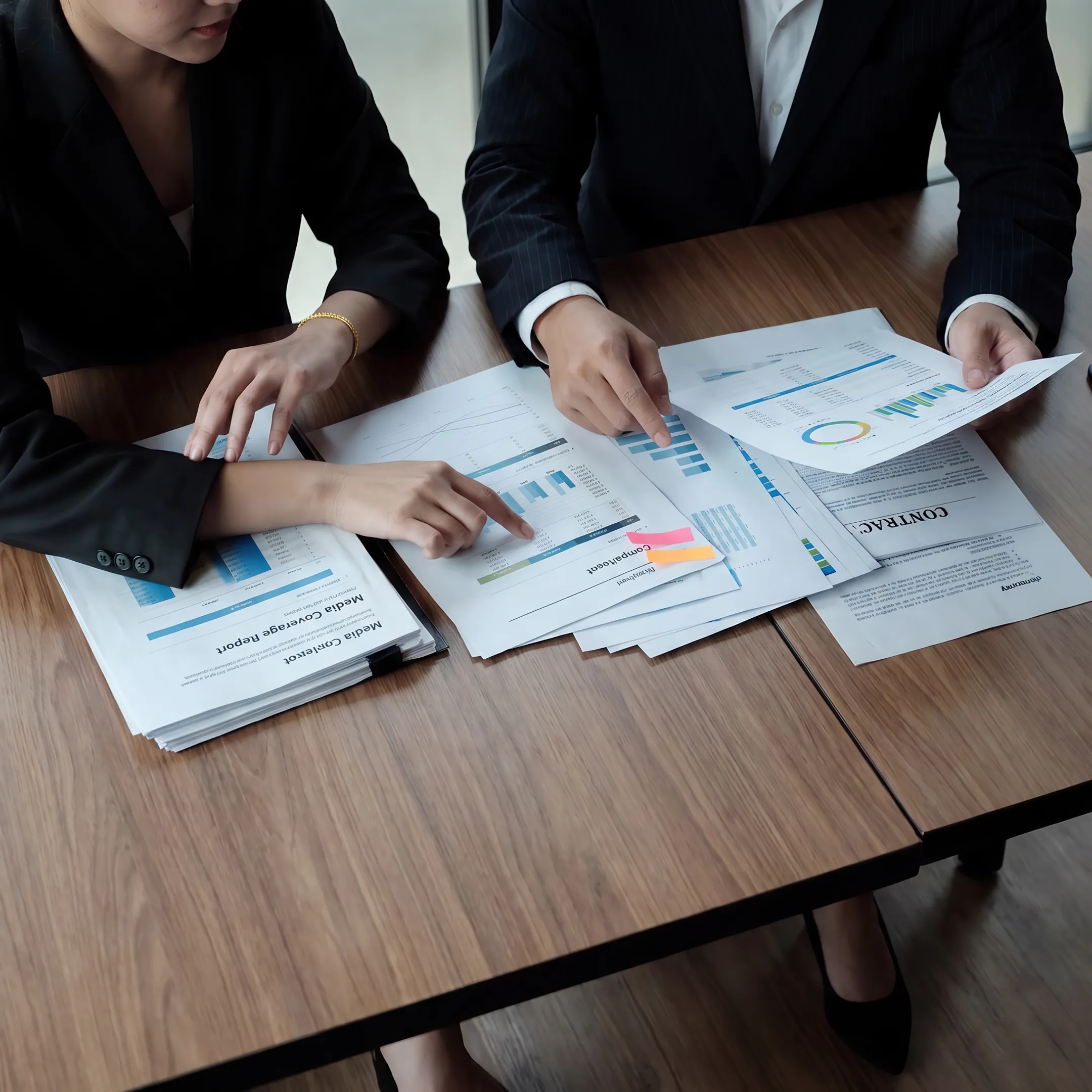 PR strategist reviewing messaging and media coverage with a client