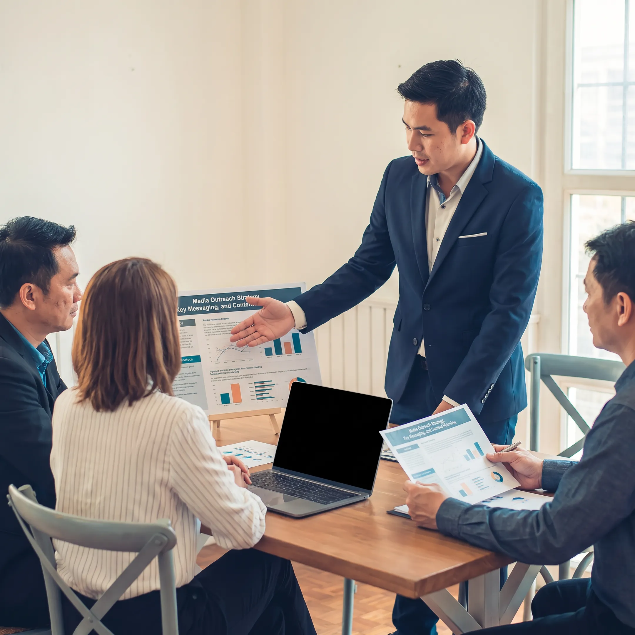 PR strategist presenting a communications plan to business leaders