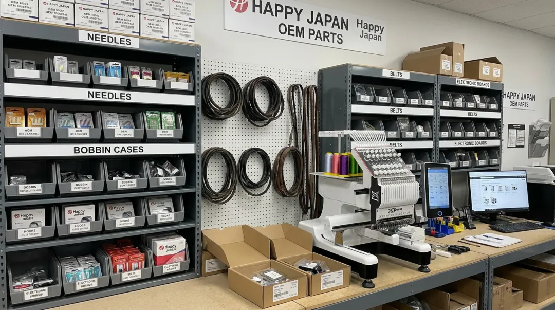 Happy Japan embroidery machine OEM replacement parts inventory at Dr. DTG facility