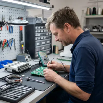 Technician repairing an embroidery machine circuit board
