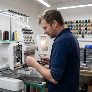 Technician servicing a commercial embroidery machine