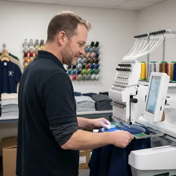 Technician servicing a commercial embroidery machine
