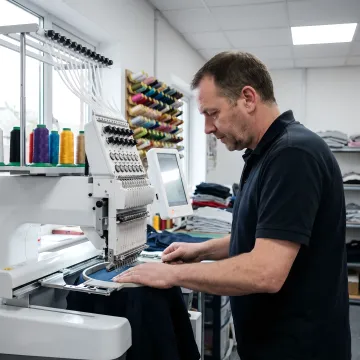 Embroidery machine technician testing stitches after repair