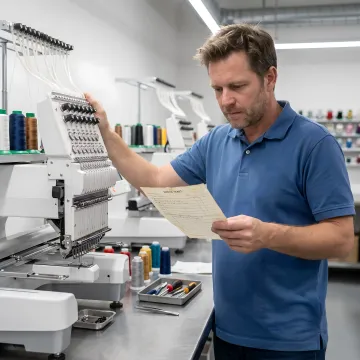Repair technician reviewing embroidery machine service details