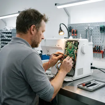 Embroidery machine repair technician inspecting electronics