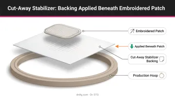 Cut-away stabilizer backing applied beneath embroidered patch on production hoop