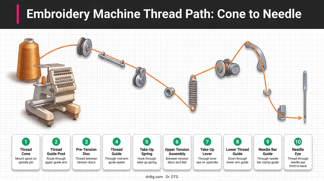 Commercial embroidery machine thread path sequence from cone to needle eye