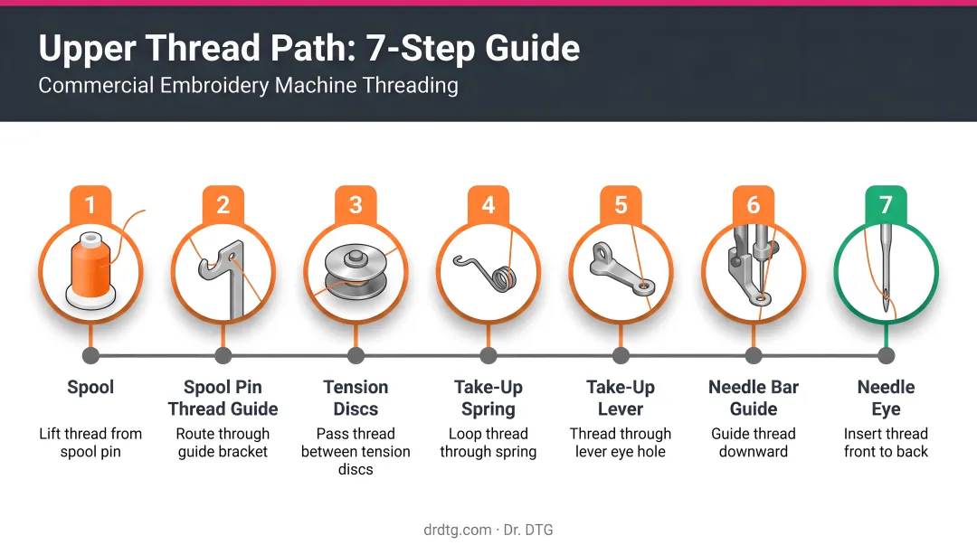 7-step embroidery needle upper thread path sequence from spool to needle eye