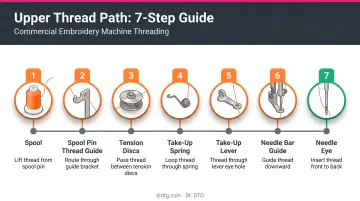 7-step embroidery needle upper thread path sequence from spool to needle eye