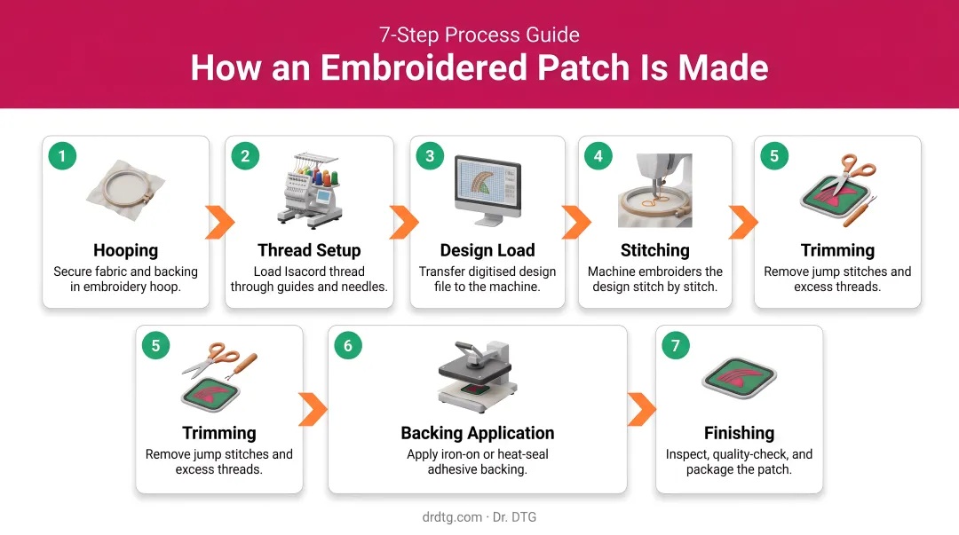 Seven-step embroidered patch making process flow from hooping to finishing