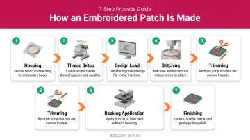 Seven-step embroidered patch making process flow from hooping to finishing