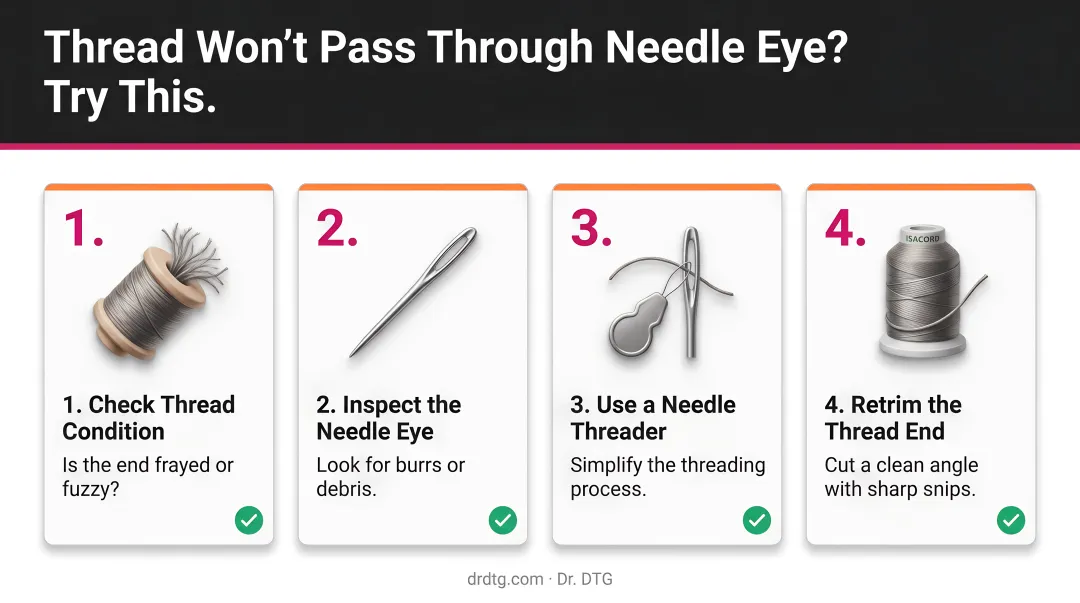 Four-step troubleshooting checklist for embroidery thread that won't pass through needle eye