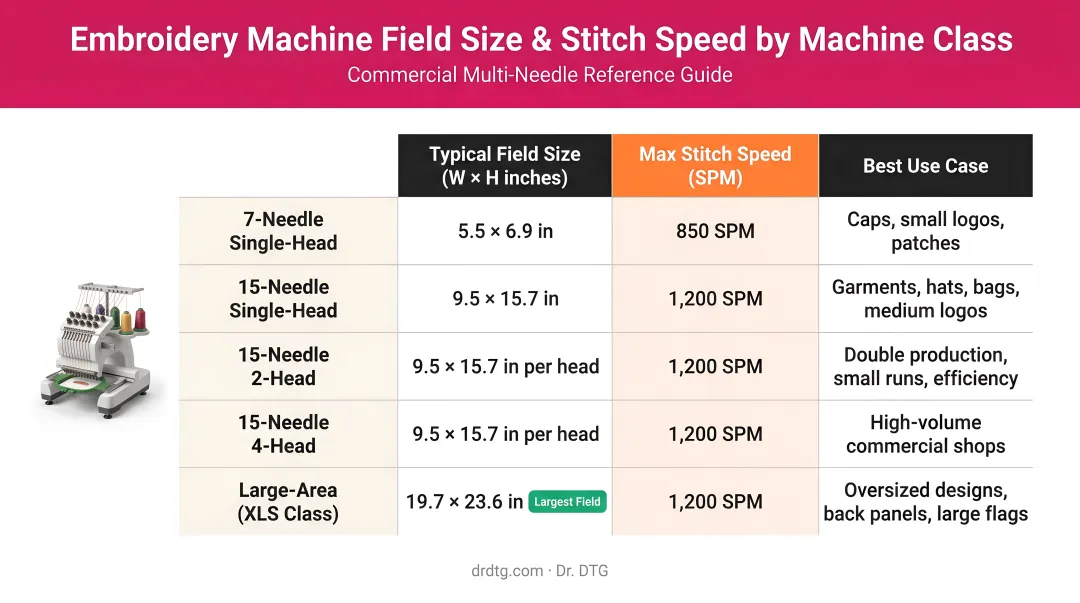 Embroidery machine field size and stitch speed comparison chart by machine class