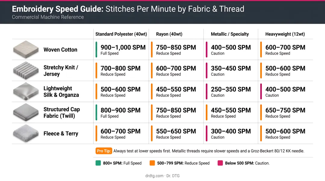 Embroidery machine stitches-per-minute speed guide by fabric and thread type