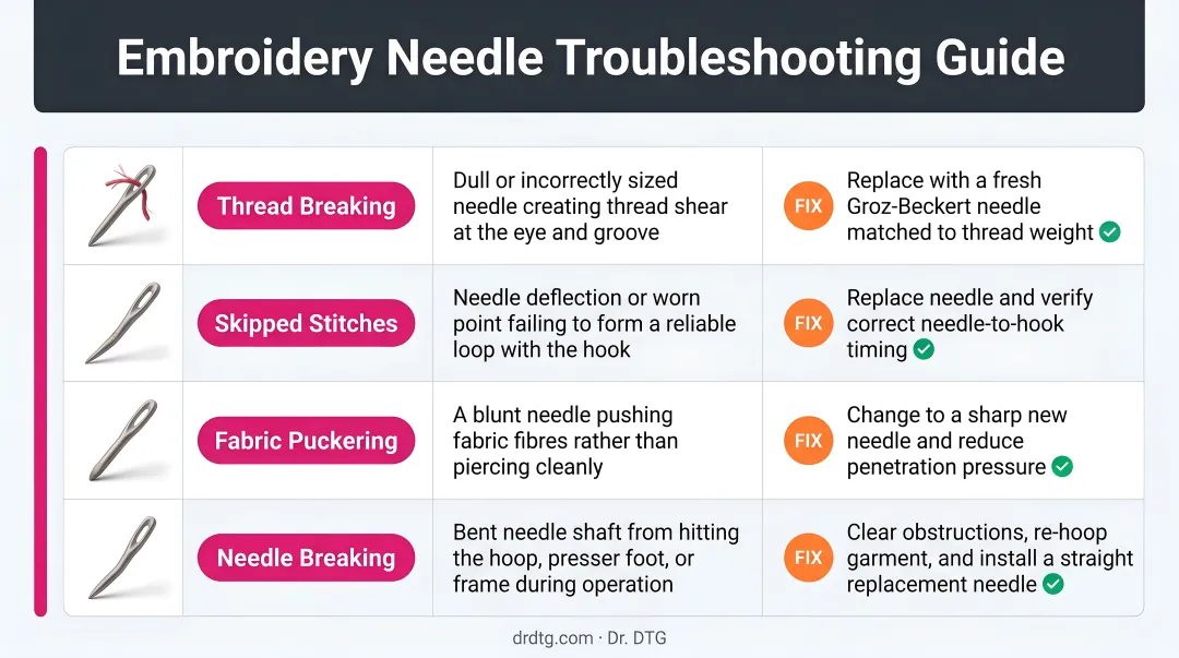 Embroidery needle troubleshooting guide matching four symptoms to needle causes and fixes