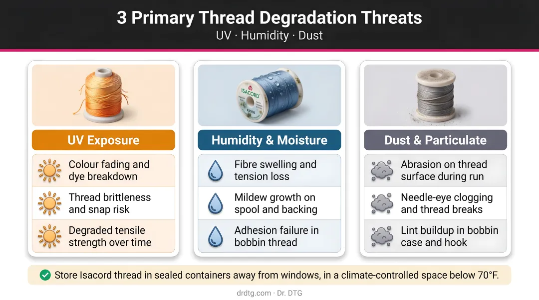 Three primary thread degradation threats UV humidity and dust comparison infographic