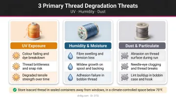Three primary thread degradation threats UV humidity and dust comparison infographic