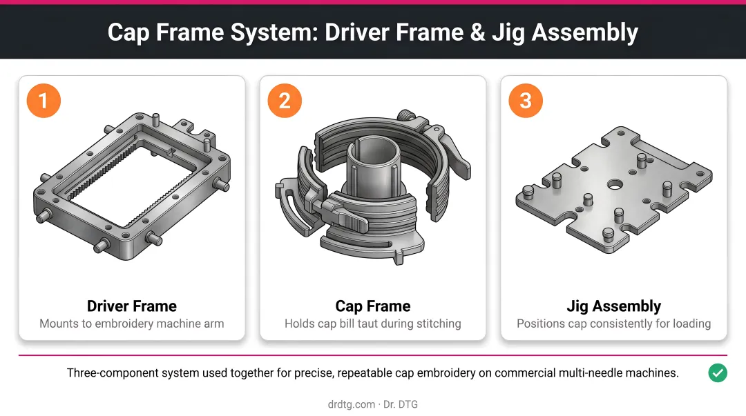 Three-component cap frame system driver frame and jig assembly diagram