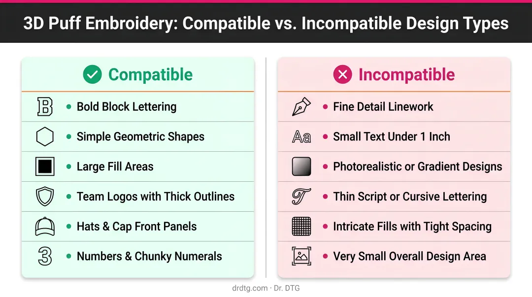 3D puff embroidery compatible versus incompatible design types side-by-side comparison
