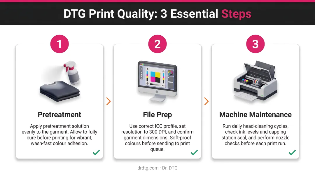 Three-step DTG print quality process pretreatment file prep and machine maintenance