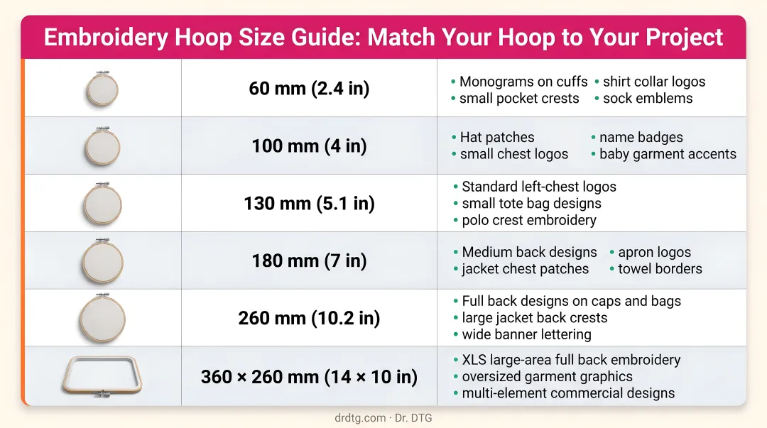 Embroidery hoop size comparison chart mapping field sizes to project types