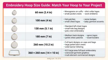 Embroidery hoop size comparison chart mapping field sizes to project types