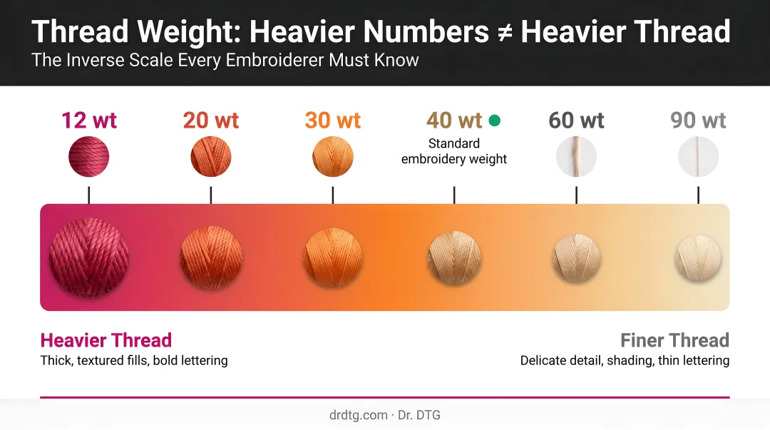 Thread weight numbering system inverse scale from 12wt heavy to 90wt fine