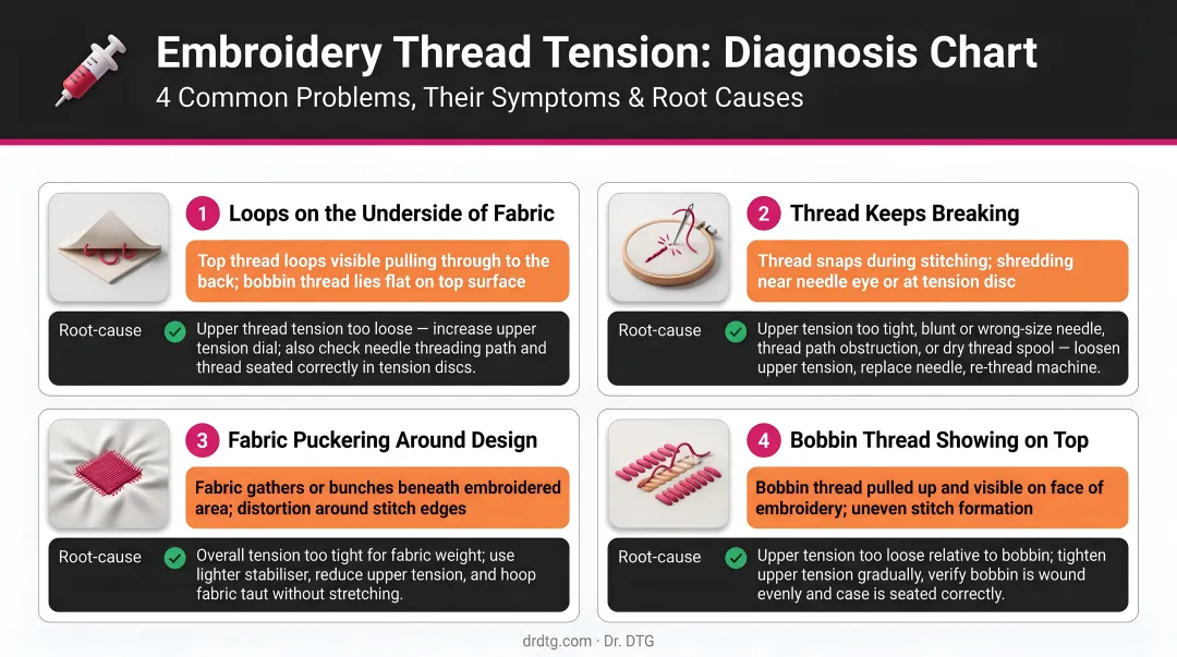 Four embroidery thread tension problems symptoms and root causes diagnosis chart