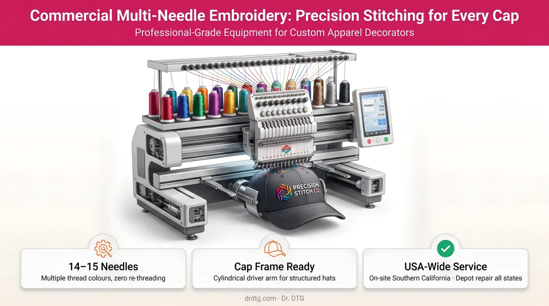 Commercial multi-needle embroidery machine stitching logo on baseball cap