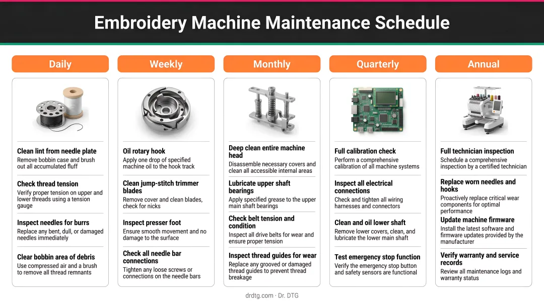 Embroidery machine maintenance schedule from daily to annual task intervals